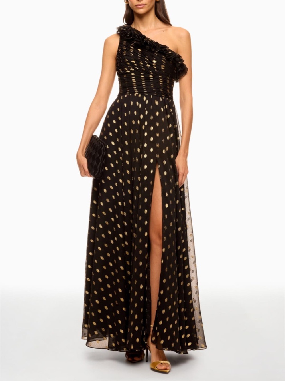 Mac Duggal Black One-Shoulder Ruffle Gown with Gold Polka Dots
